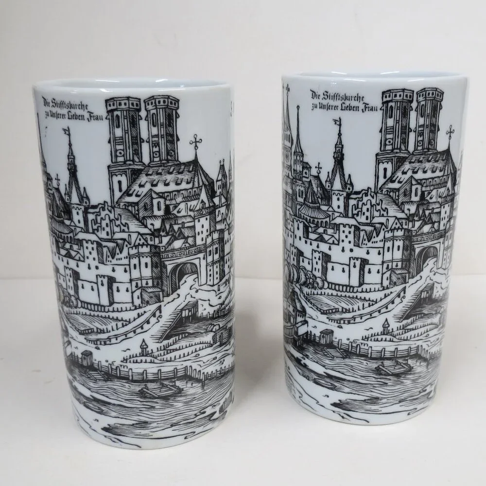 B & W Mugs Germany VTG Muenchen Munich Art (2) Coffee City Scene Architecture